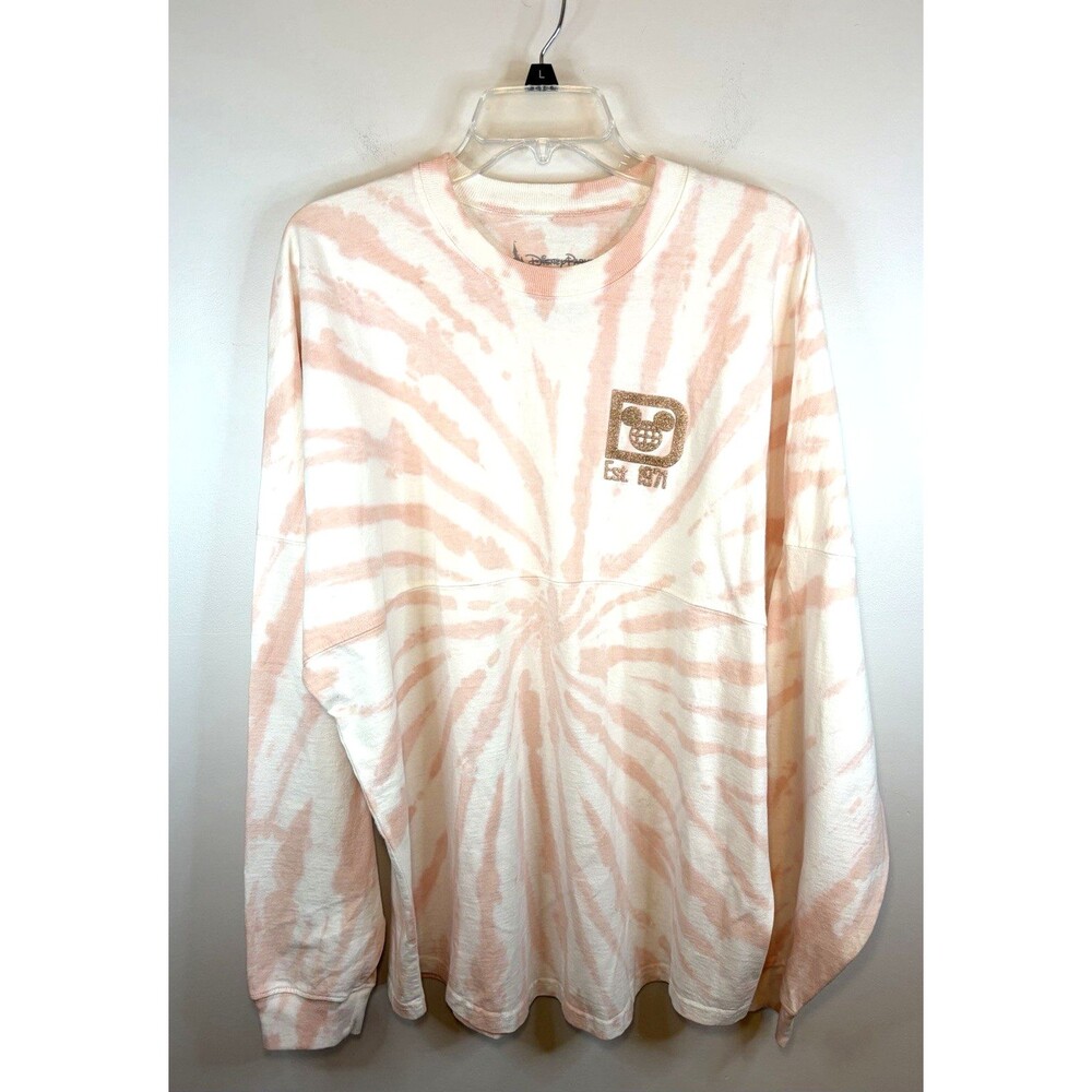 WALT DISNEY WORLD Spirit Jersey Large Peach Tie Dye Long Sleeve Gold Glitter